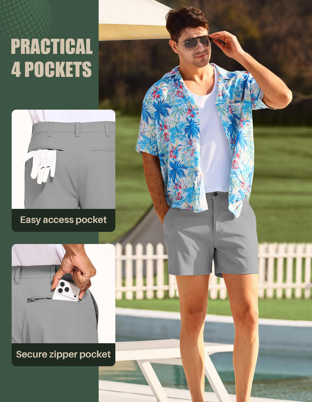 PULI golf shorts with 5-inch inseam for athletic look.