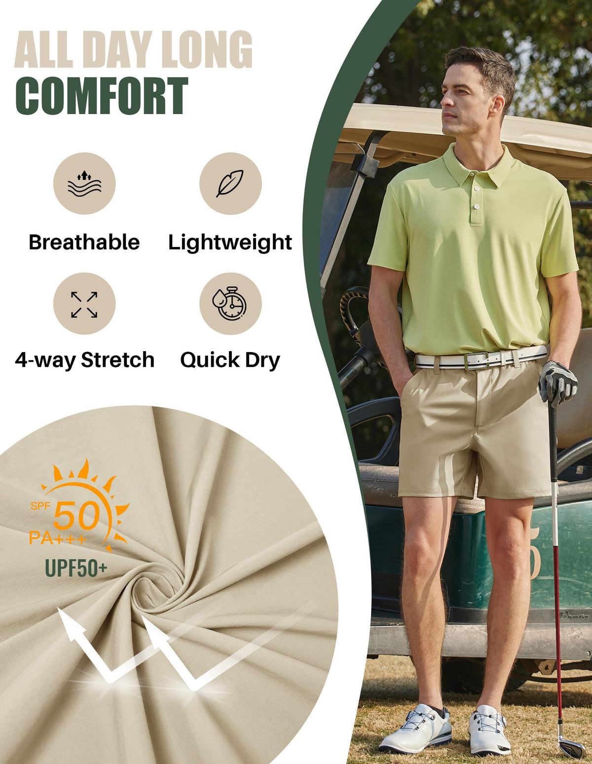 PULI golf shorts waistband closeup emphasizes flexible, comfortable fit.
