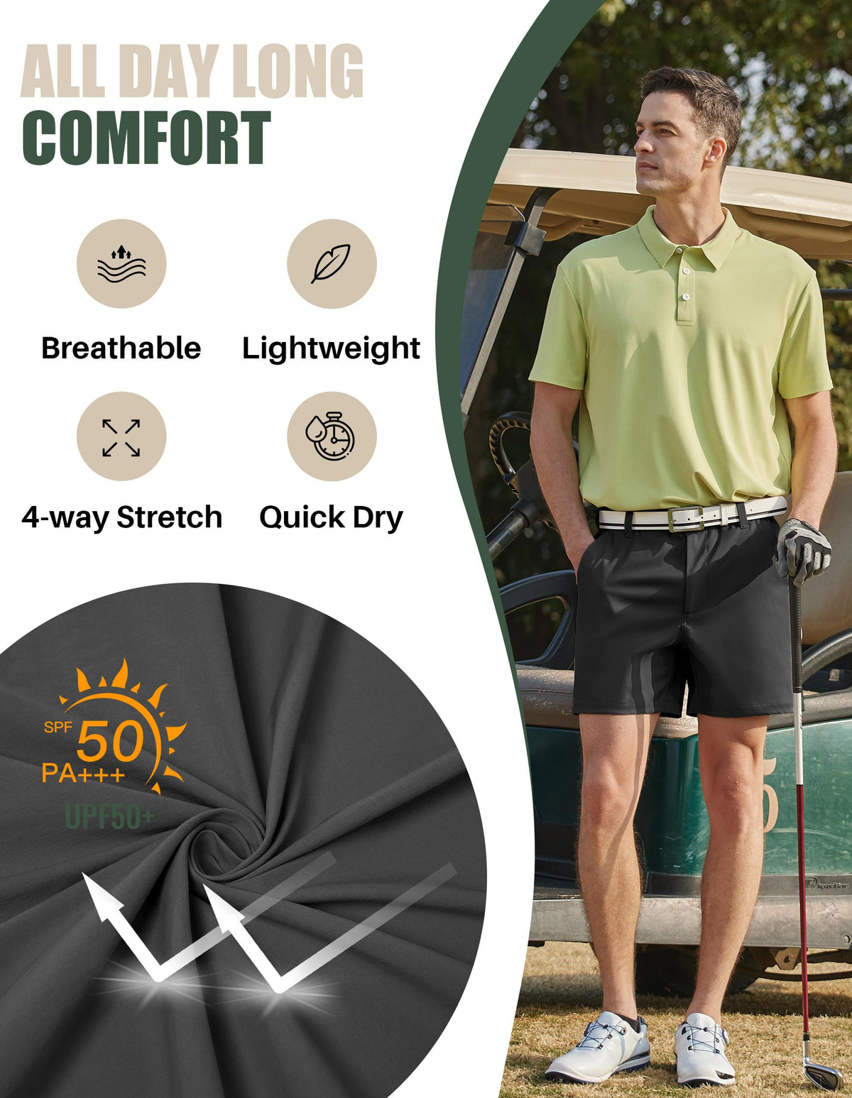 PULI golf shorts quick-dry, water-resistant fabric ready for rain or heat.