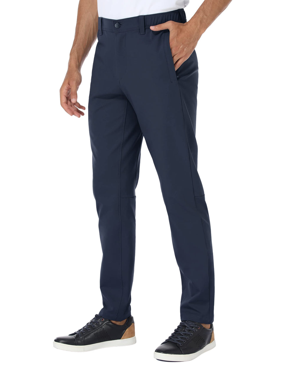 PULI men's slim-fit stretch golf pants navy front view showing mobility and style