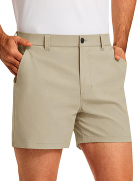 PULI men's golf shorts 5-inch waterproof fabric close-up, khaki, all-day comfort