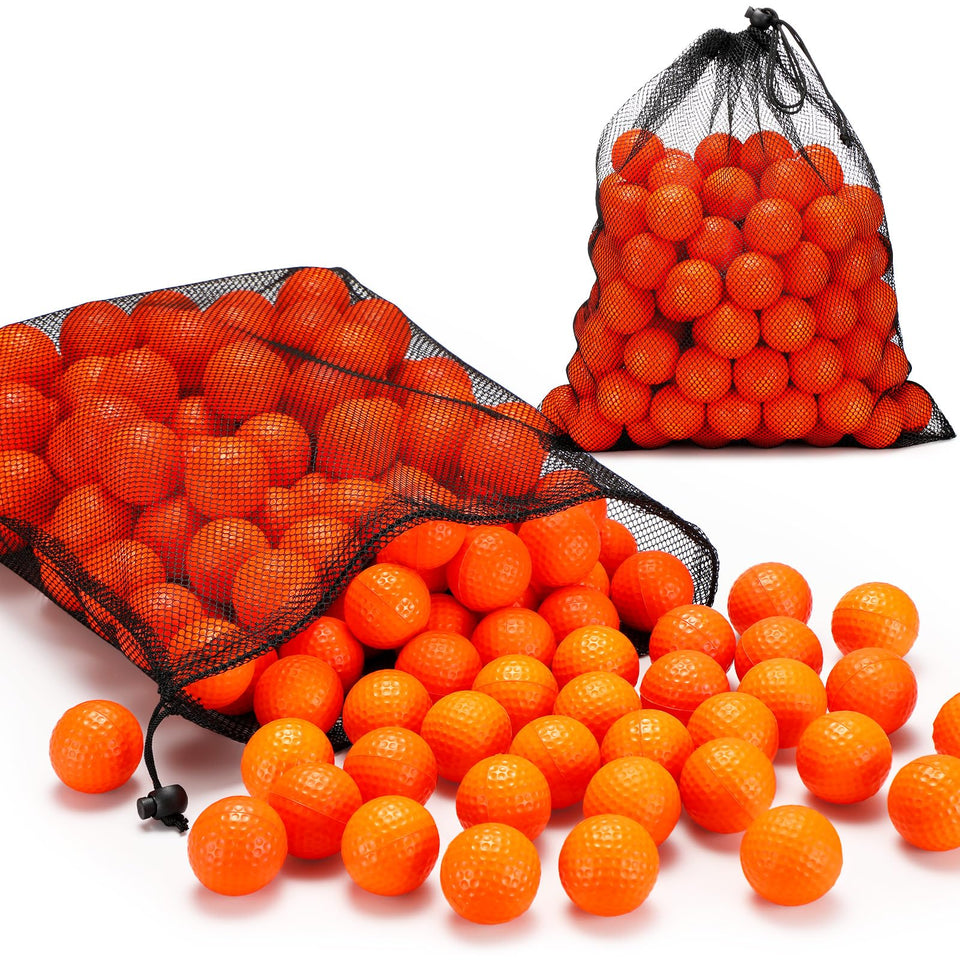 PullCrease orange foam golf balls 200-count for safe indoor and outdoor practice.