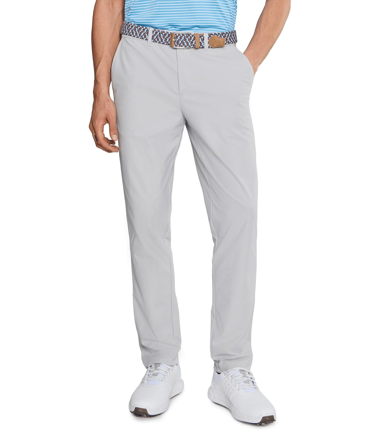 PUMA 101 Premier Pants Platino Gray front view, golf-ready silhouette