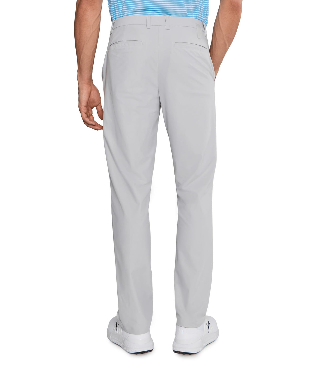 Waistband and zip-fly detail on PUMA 101 Premier Pants platino gray