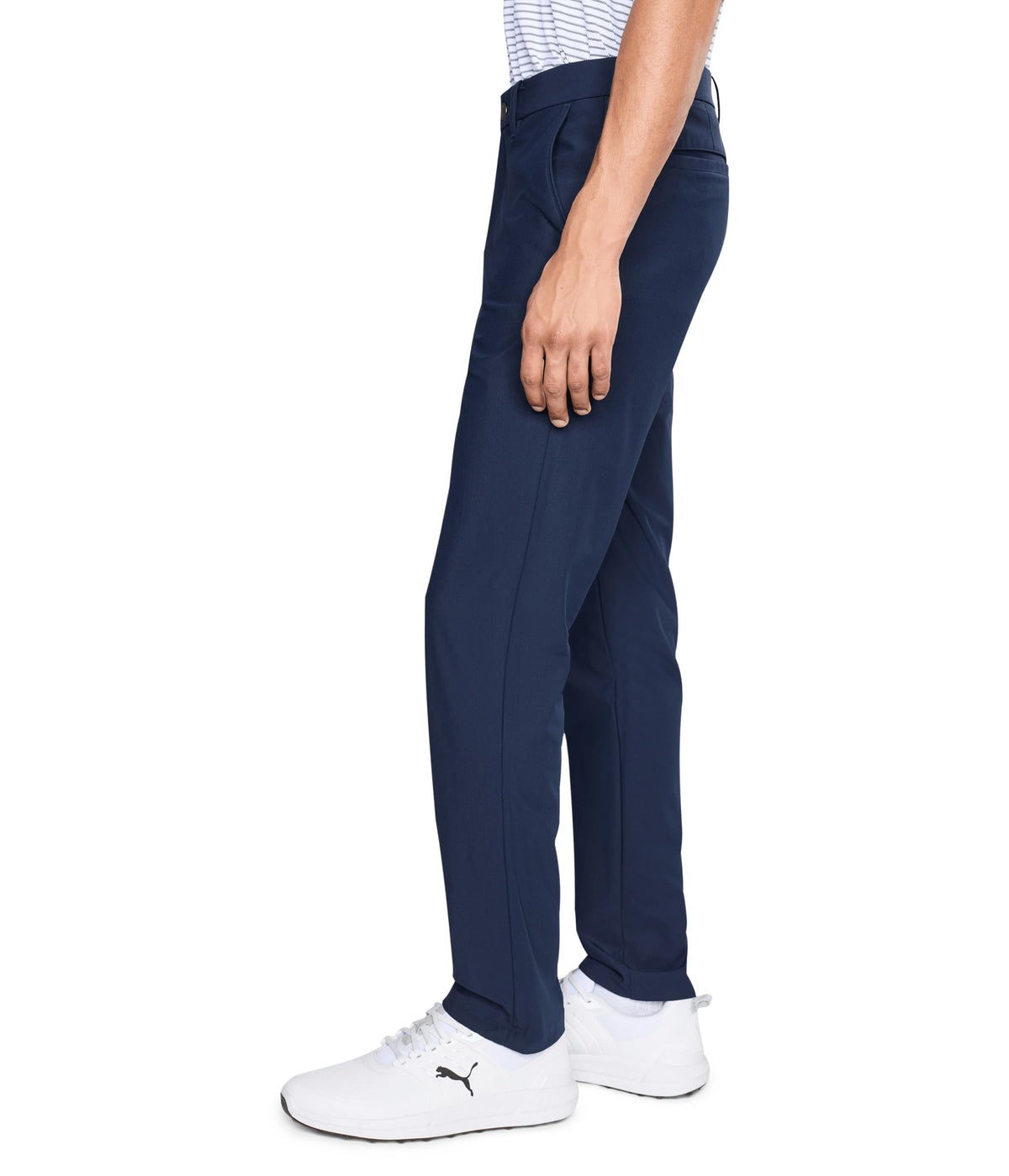 Side close-up of PUMA 101 Premier pants showing belt loops and zip-fly.
