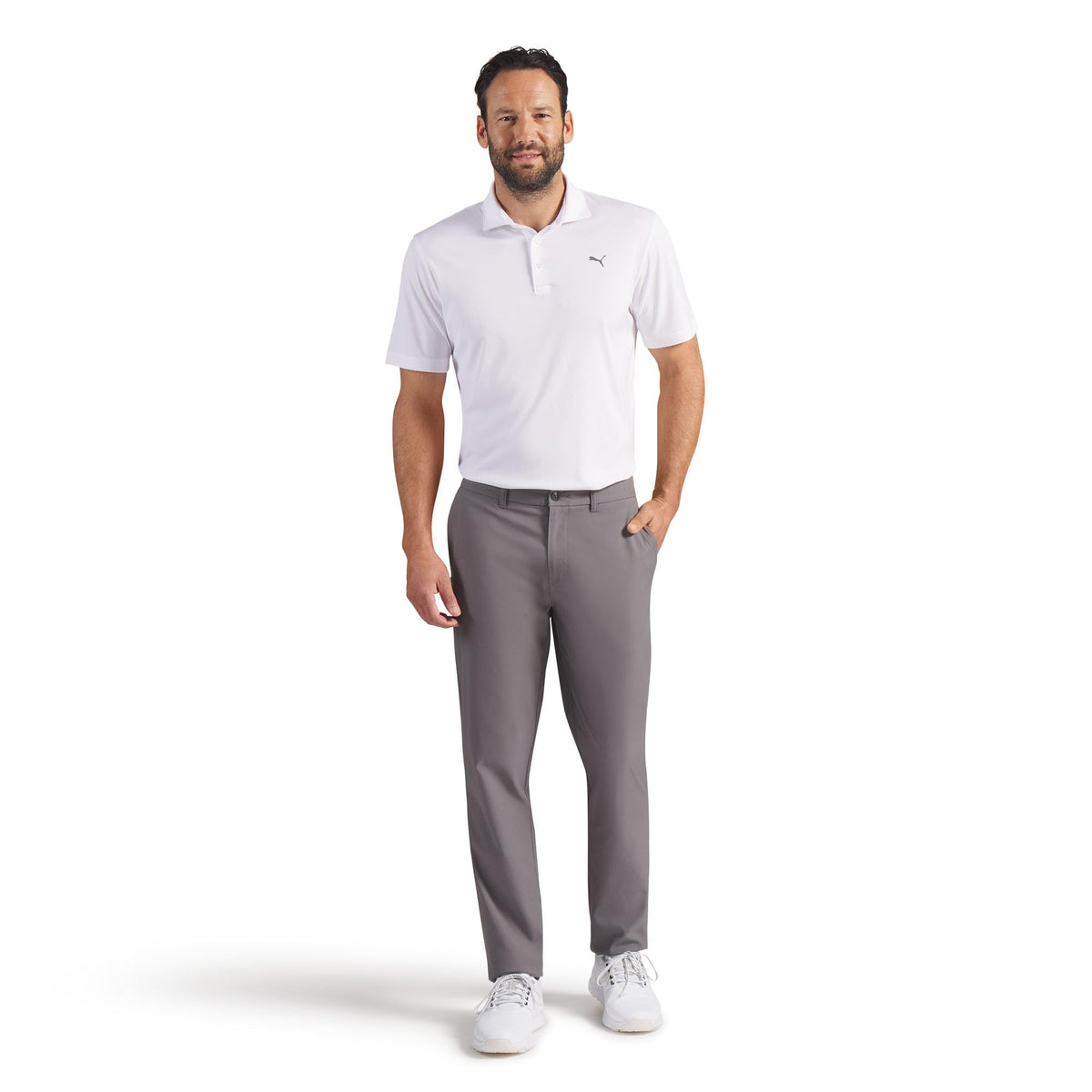 PUMA 101 Pure Pants stretch waistband demonstrates secure fit with silicone grip.
