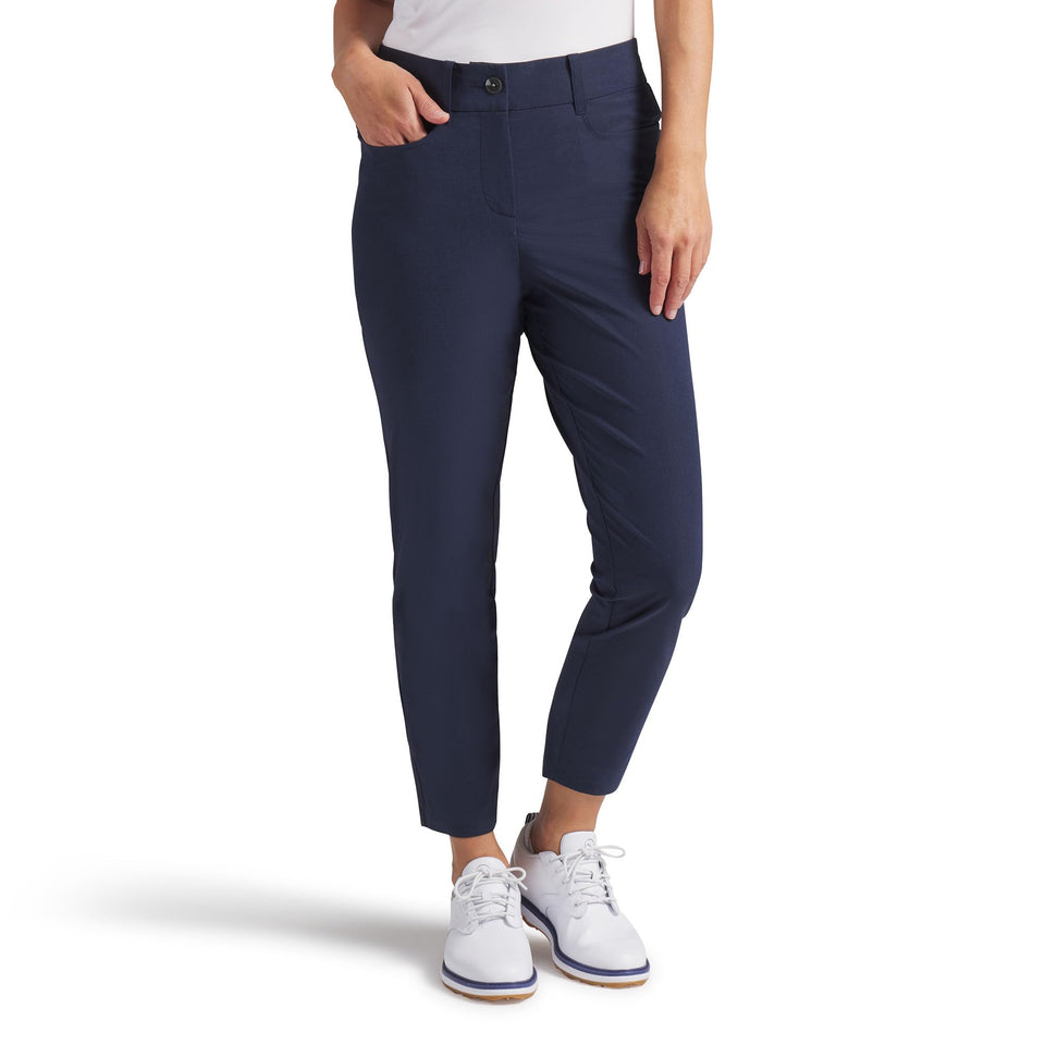 PUMA Avant Slim Golf Pant in deep navy front view highlights tailored fit and performance fabric