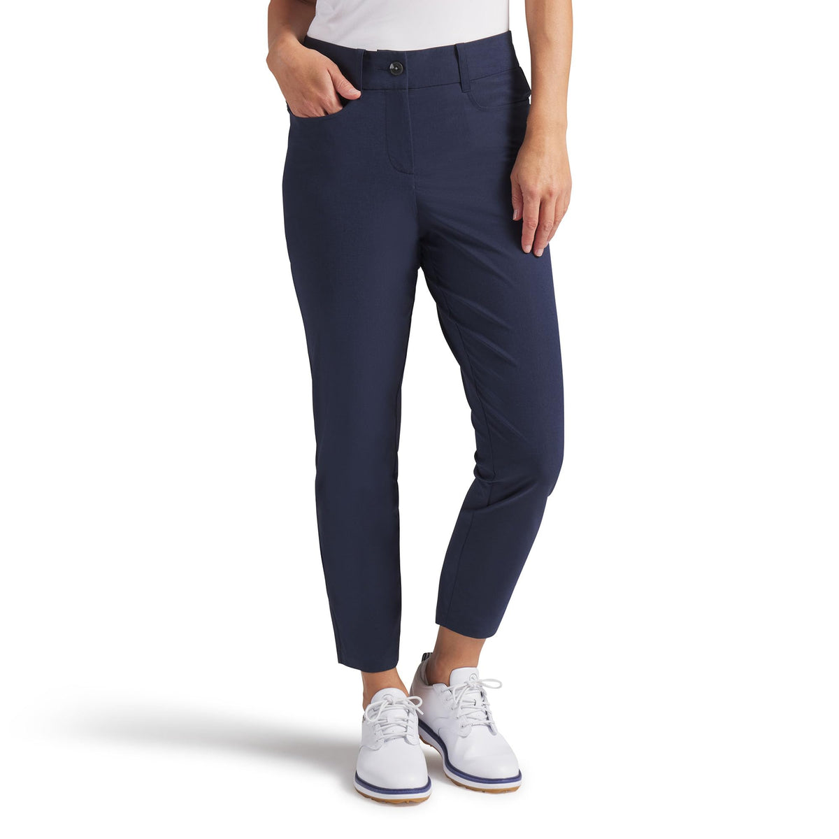 PUMA Avant Slim Golf Pant front view in Deep Navy, sleek silhouette.