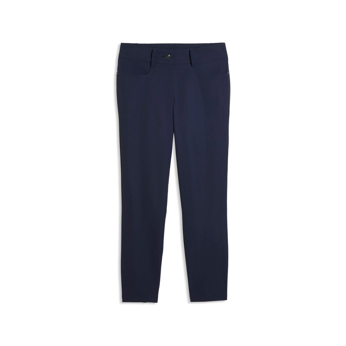 PUMA Avant Slim Golf Pant waistband closeup reveals elastic back and secure closure.