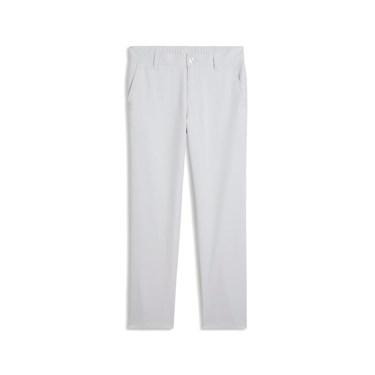PUMA Boys Golf Pants Platino Gray – front view highlighting 5-pocket layout and flexible fabric for on-course comfort.