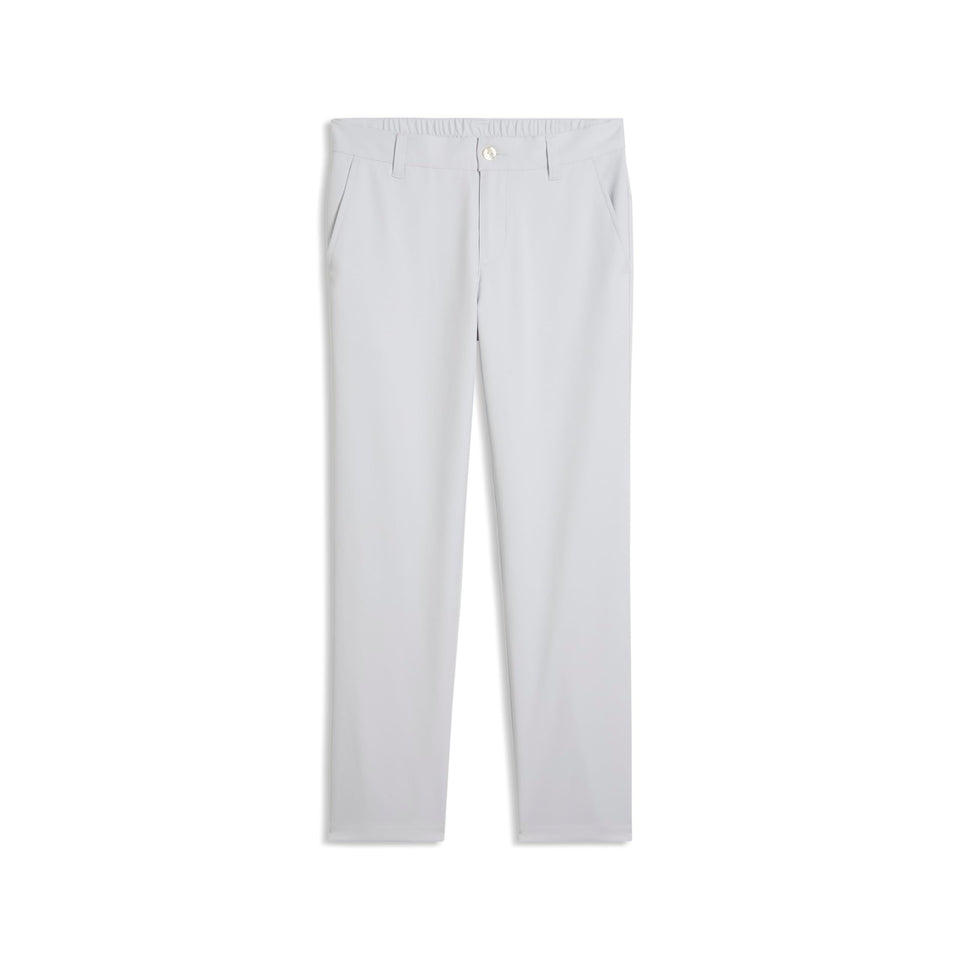 PUMA Boys Golf Pants Platino Gray – front view highlighting 5-pocket layout and flexible fabric for on-course comfort.