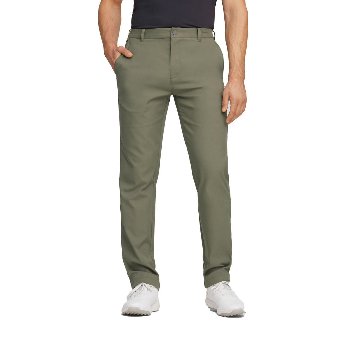 PUMA Dealer Pant Dark Sage front view showing tailored fit and breathable fabric for daily wear