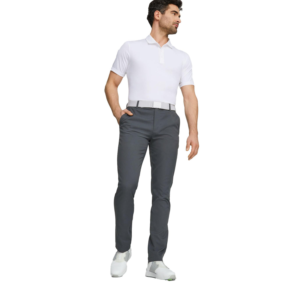 PUMA Dealer Tailored Pant stretch waistband detail shows flexible, comfortable fit.