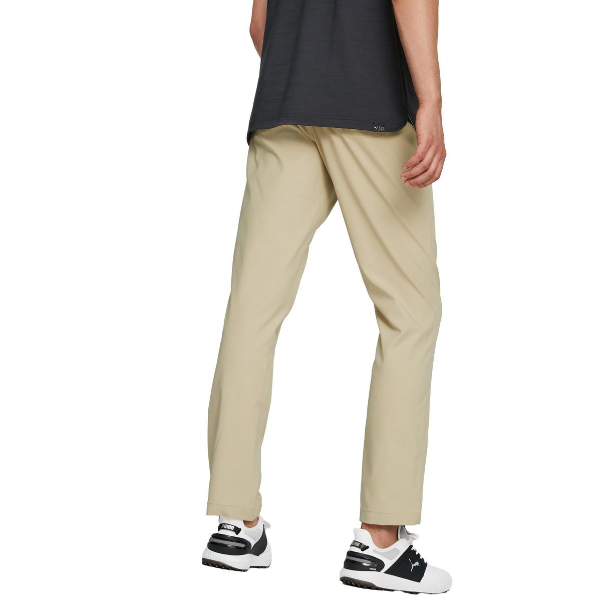 PUMA Golf Dealer 5 Pocket Pant alabaster back view demonstrates flexible waistband.