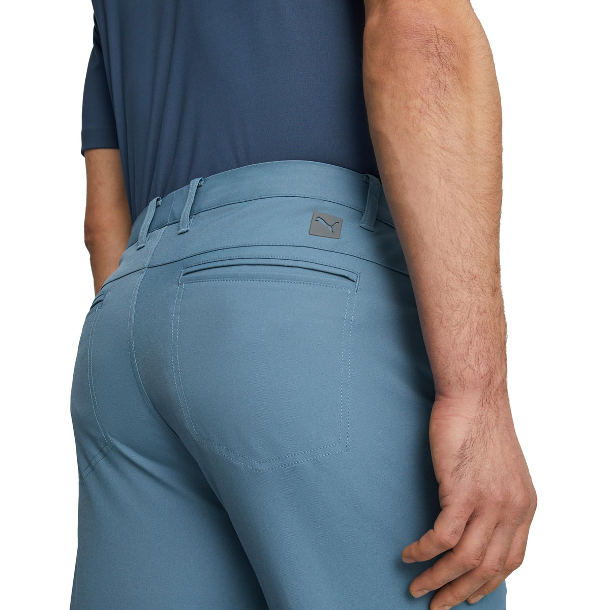 PUMA Golf Dealer 5 Pocket Pant pocket detail emphasizes Duramesh durability.