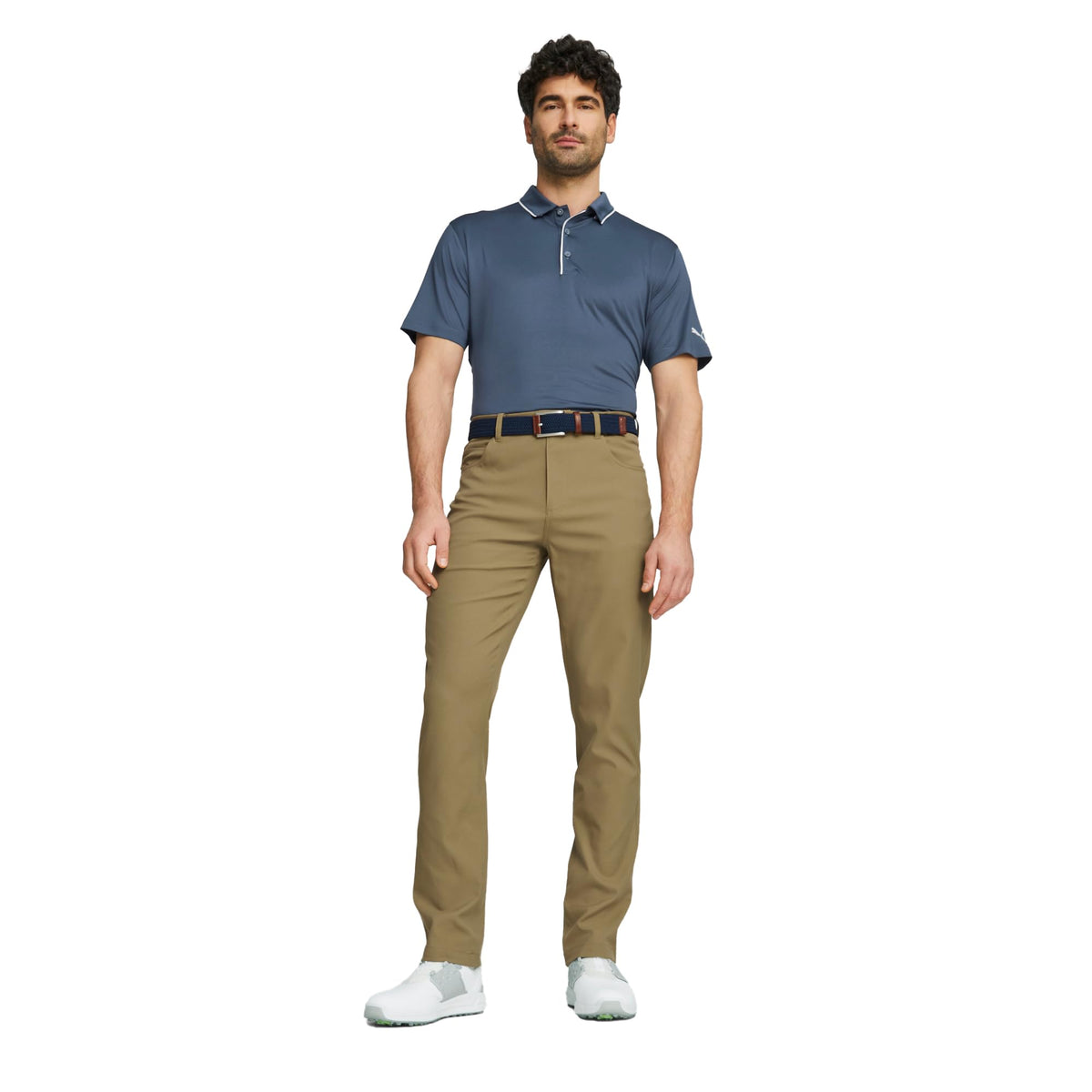 PUMA Golf Dealer 5 Pocket Pant side profile with stretch waistband for movement