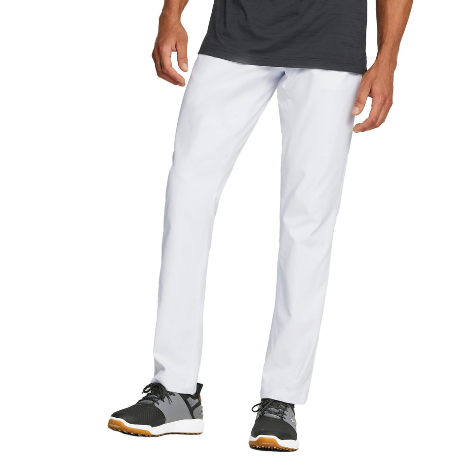 PUMA Golf Dealer 5 Pocket Pant White Glow front view highlights moisture-wicking comfort.