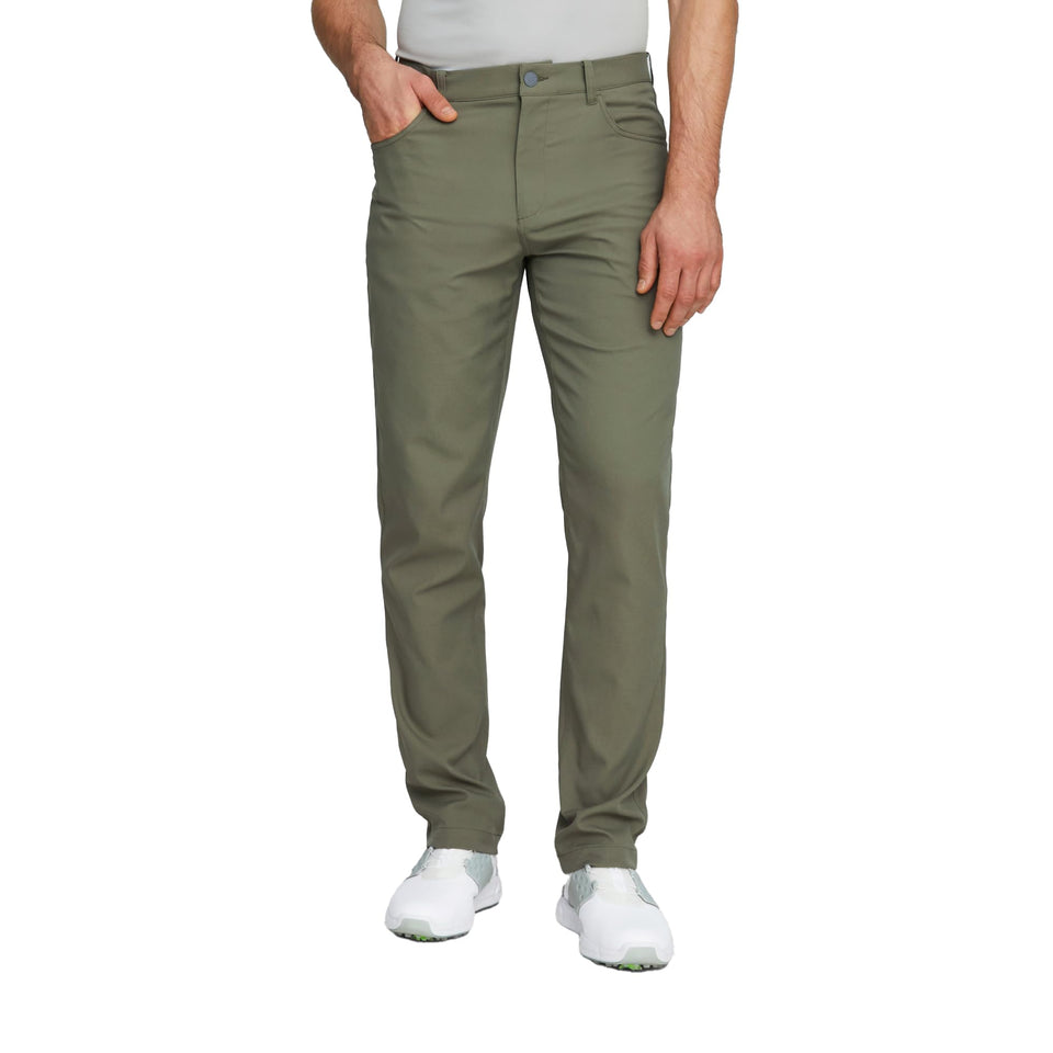 PUMA Golf Dealer 5 Pocket Pants front view in Dark Sage with streamlined fit