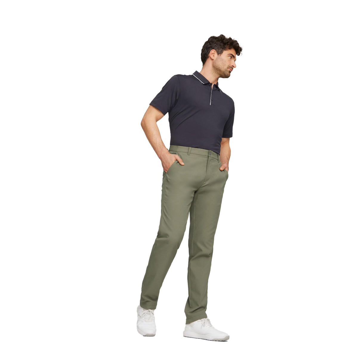 PUMA Dealer Pant Dark Sage worn by model showing versatile golf and office style.