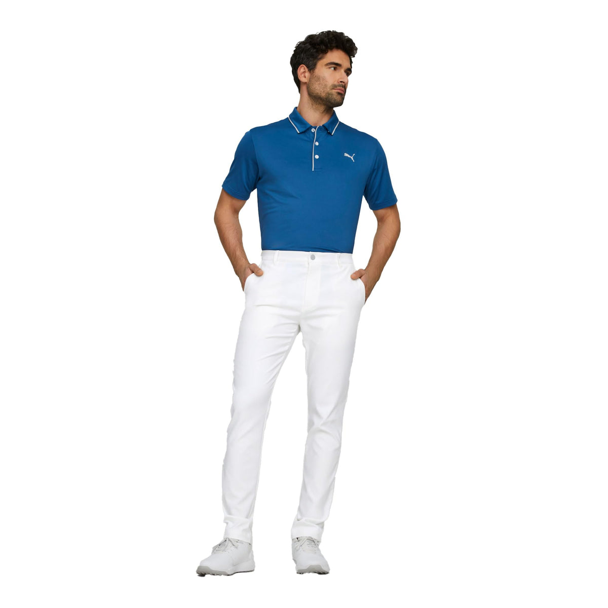 PUMA Golf Dealer Tailored Pant side view highlights stretch waistband for flexible movement.