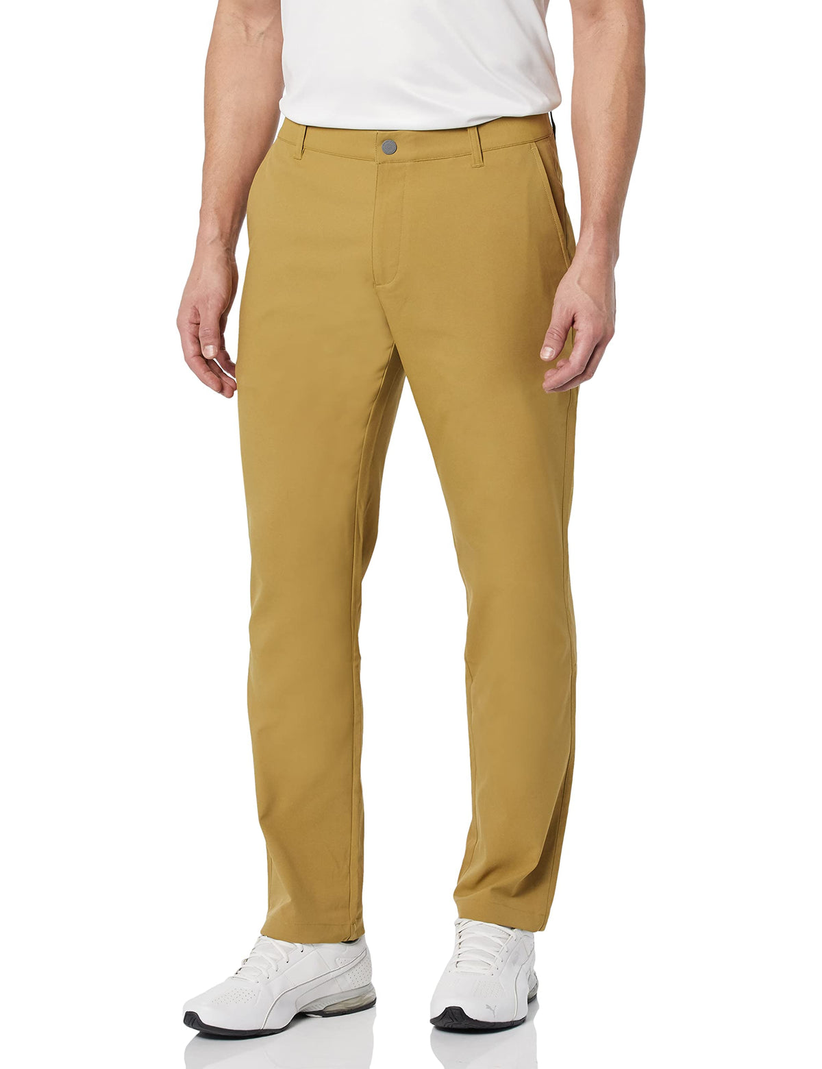 PUMA Golf Jackpot Pant 2.0 front view in antique bronze; breathable knit with flexible fit.