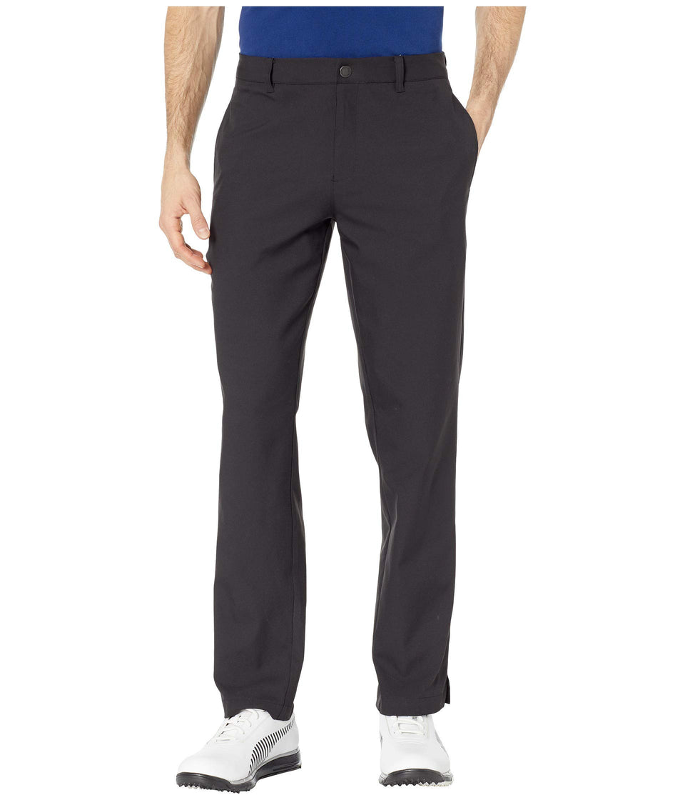 PUMA Golf Jackpot Pant front view in black with moisture-wicking for dry comfort.