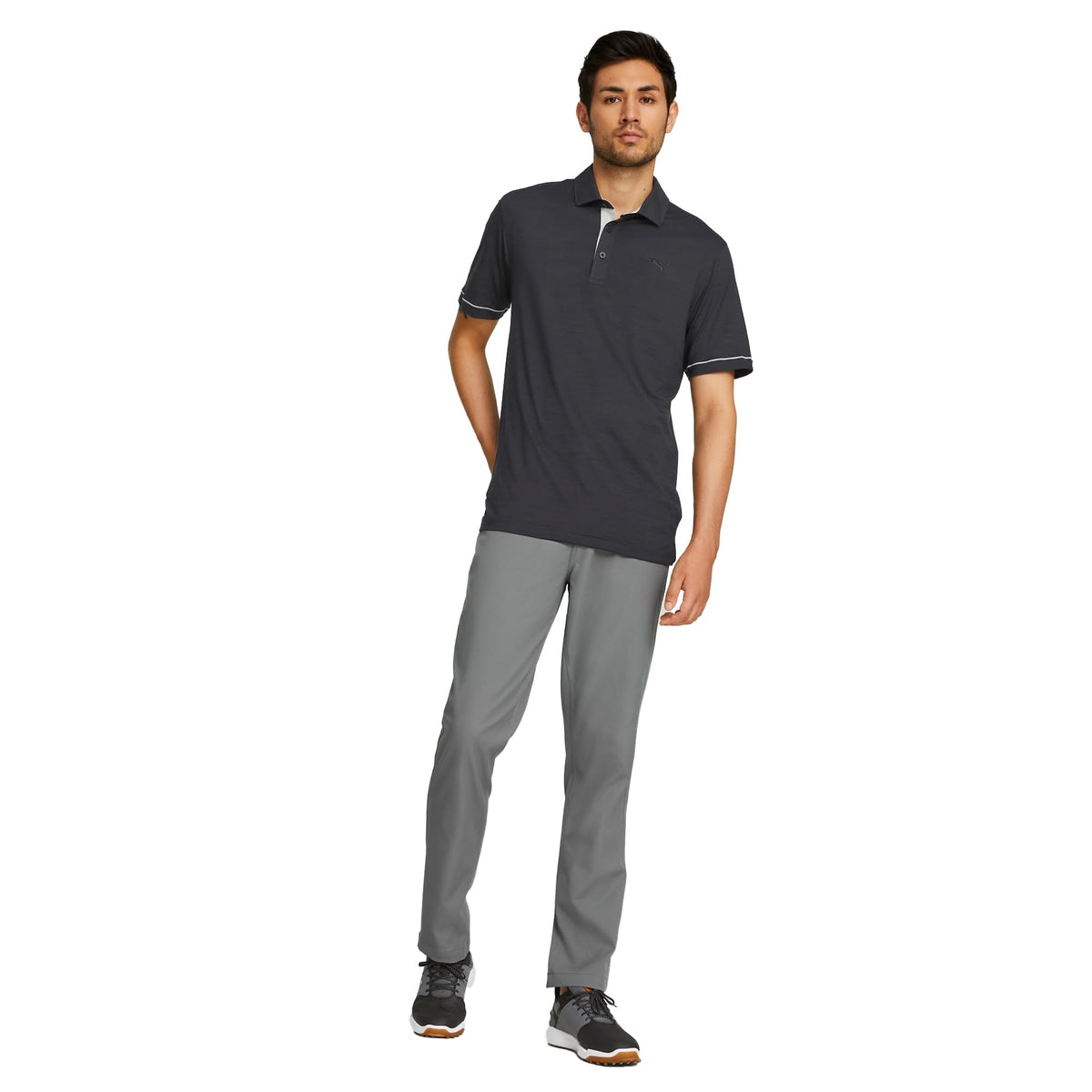 PUMA Golf Dealer 5 Pocket Pants waistband stretch close-up for comfort during swings.