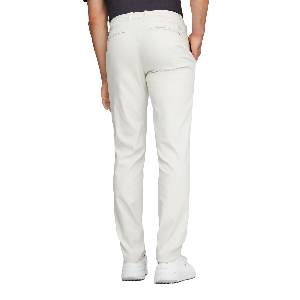 PUMA Golf Mens Dealer Tailored Pants side view highlighting 2-way stretch for mobility