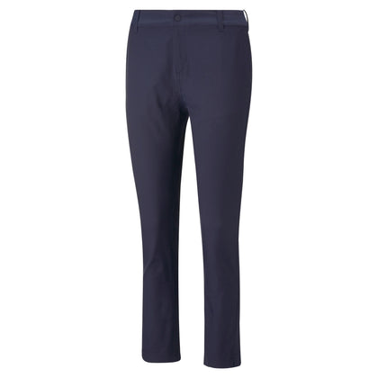 PUMA Golf Boardwalk Pant Navy Blazer on model, showcasing a comfortable, sleek silhouette