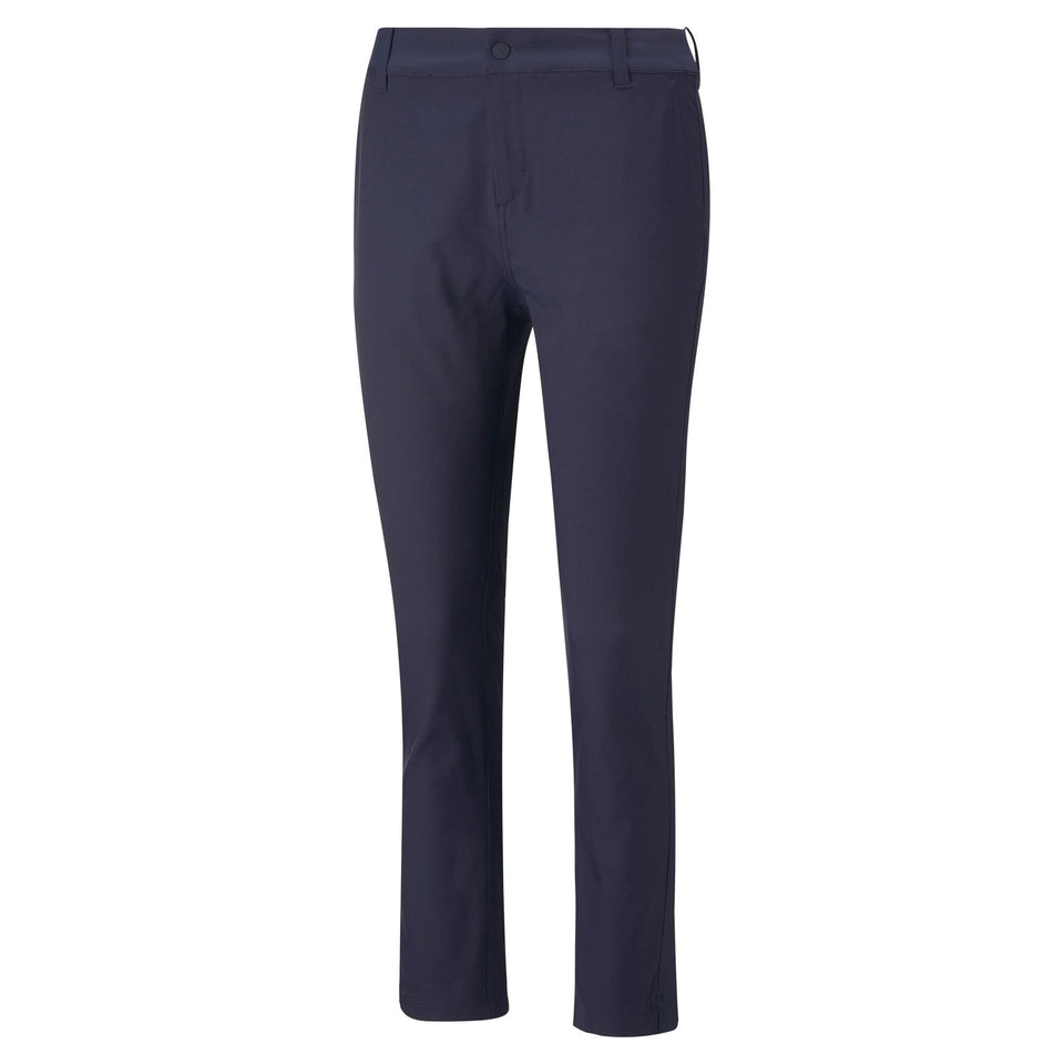 PUMA Golf Boardwalk Pant Navy Blazer on model, showcasing a comfortable, sleek silhouette