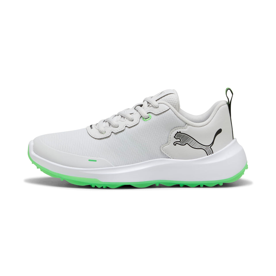 PUMA Gruve Sport Junior golf shoes, front view, showing sleek lines and comfortable fit.