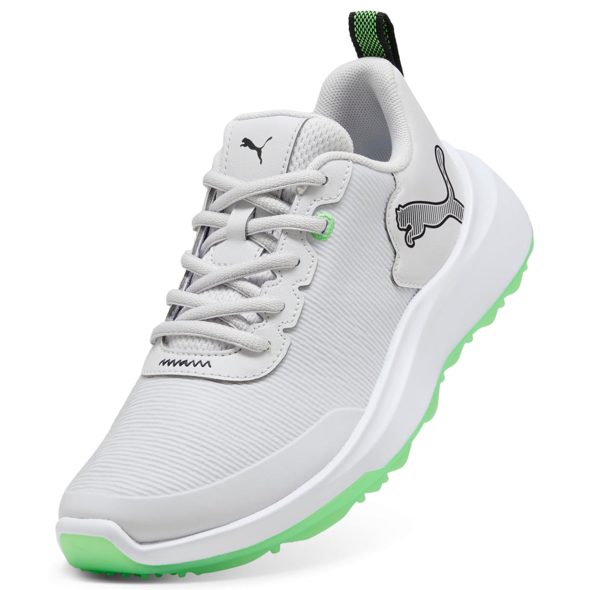 PUMA Gruve Sport Junior golf shoes, side profile, highlighting clean silhouette and stability.