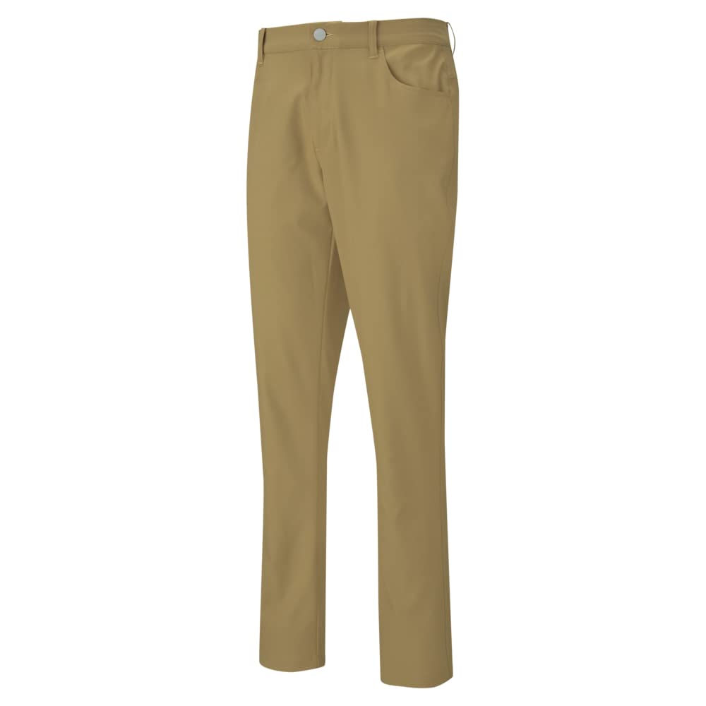 PUMA Jackpot 5-pocket 2.0 Golf Pants front view in antique bronze, moisture-wicking and flexible for on-course comfort