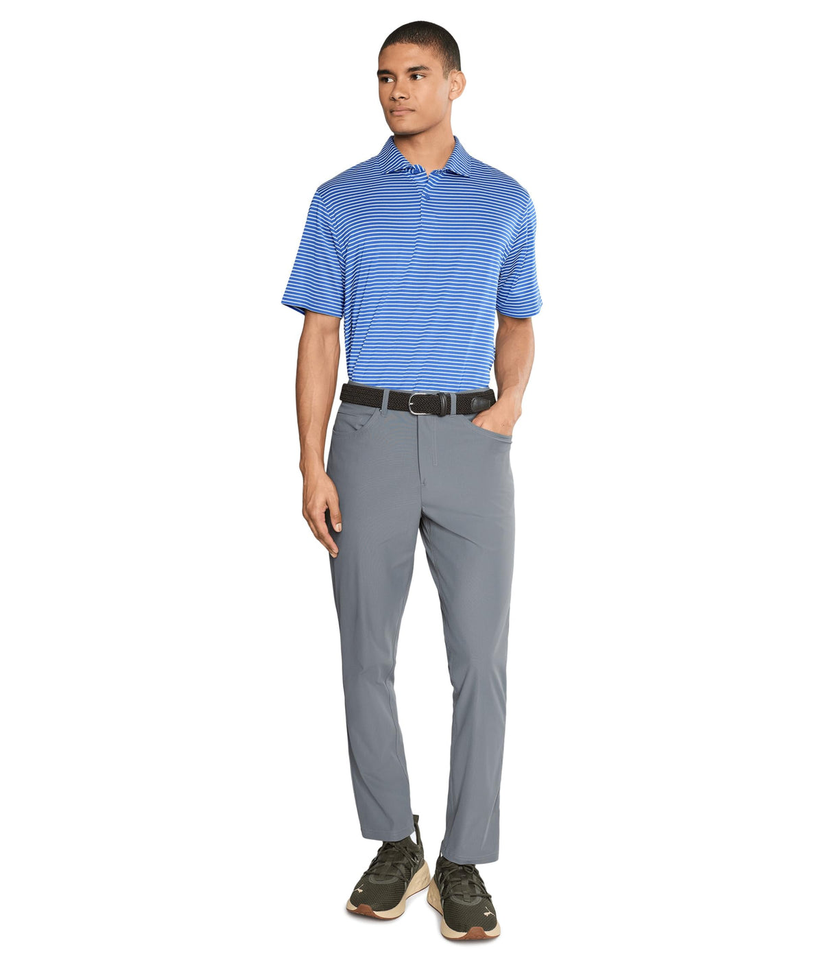 Back view shows tailored fit and grey shade for refined style on course and beyond.