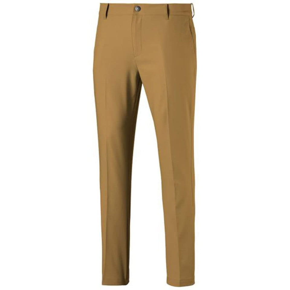 PUMA Tailored Jackpot 2.0 Golf Pants, antique bronze, front view showing sleek tailored fit and stretch waistband.