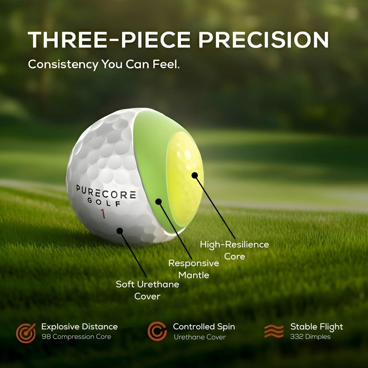 PureCore Golf ball on range shows consistent distance.