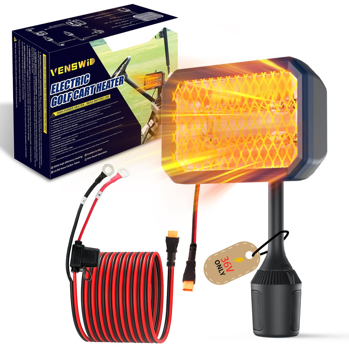 PUTTLAZR 36V golf cart heater front view showing compact design for dashboard use