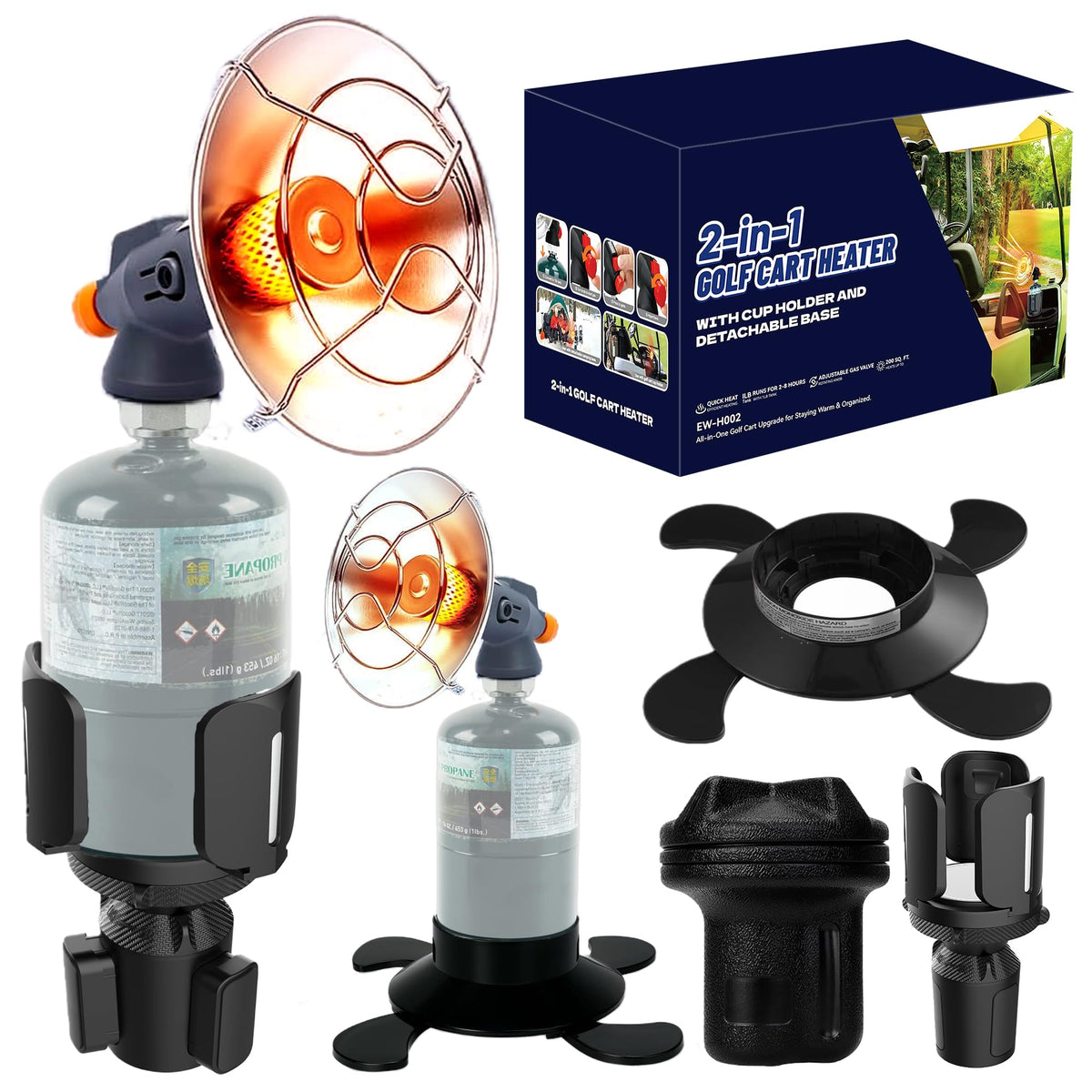 PUTTLAZR 6800 BTU heater mounted on golf cart provides quick warmth for outdoor rides