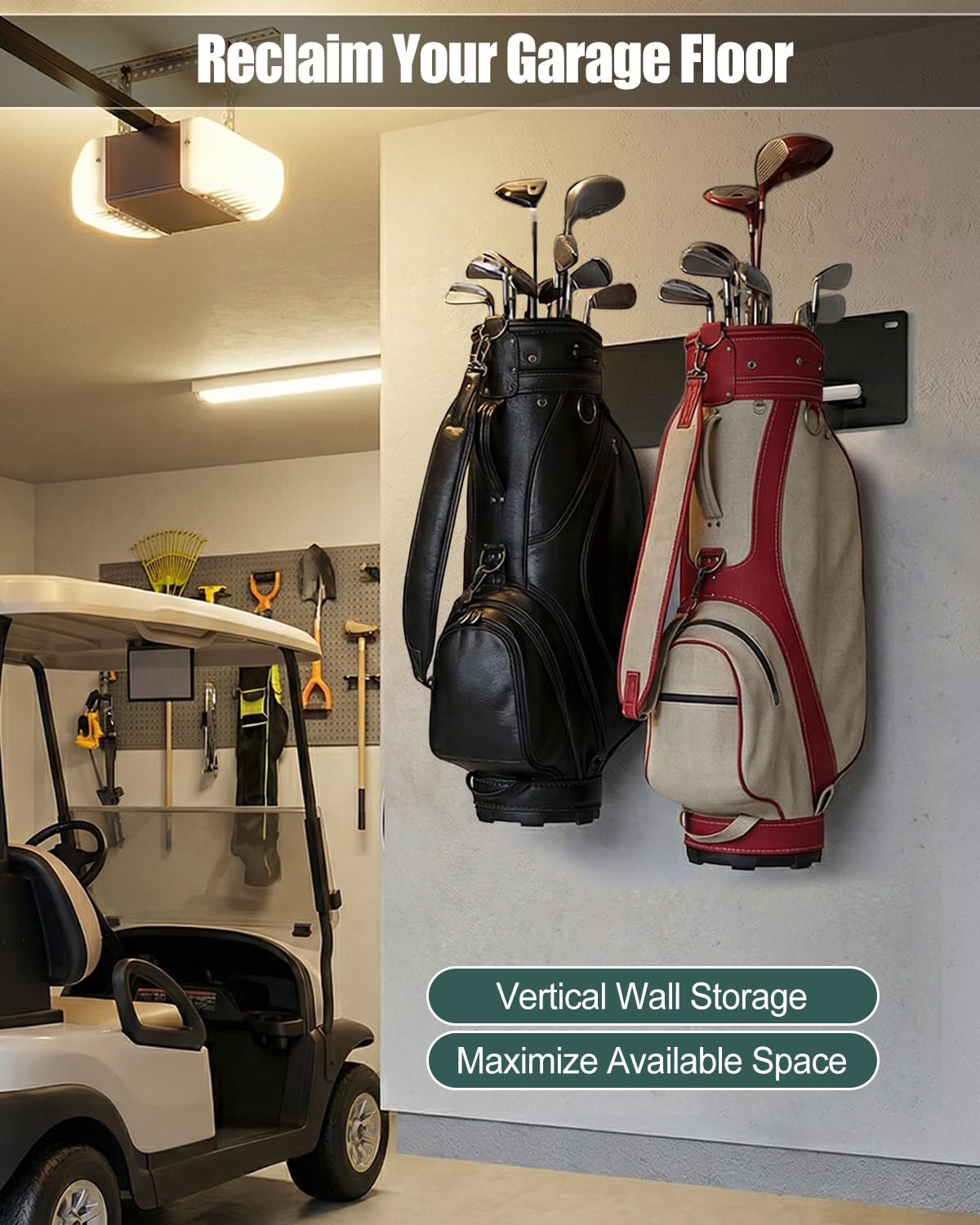 PUWJNV rack with anti-rust coating protects golf gear in garage storage.