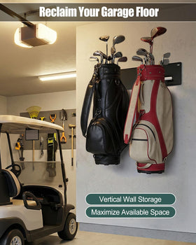 PUWJNV rack with anti-rust coating protects golf gear in garage storage.