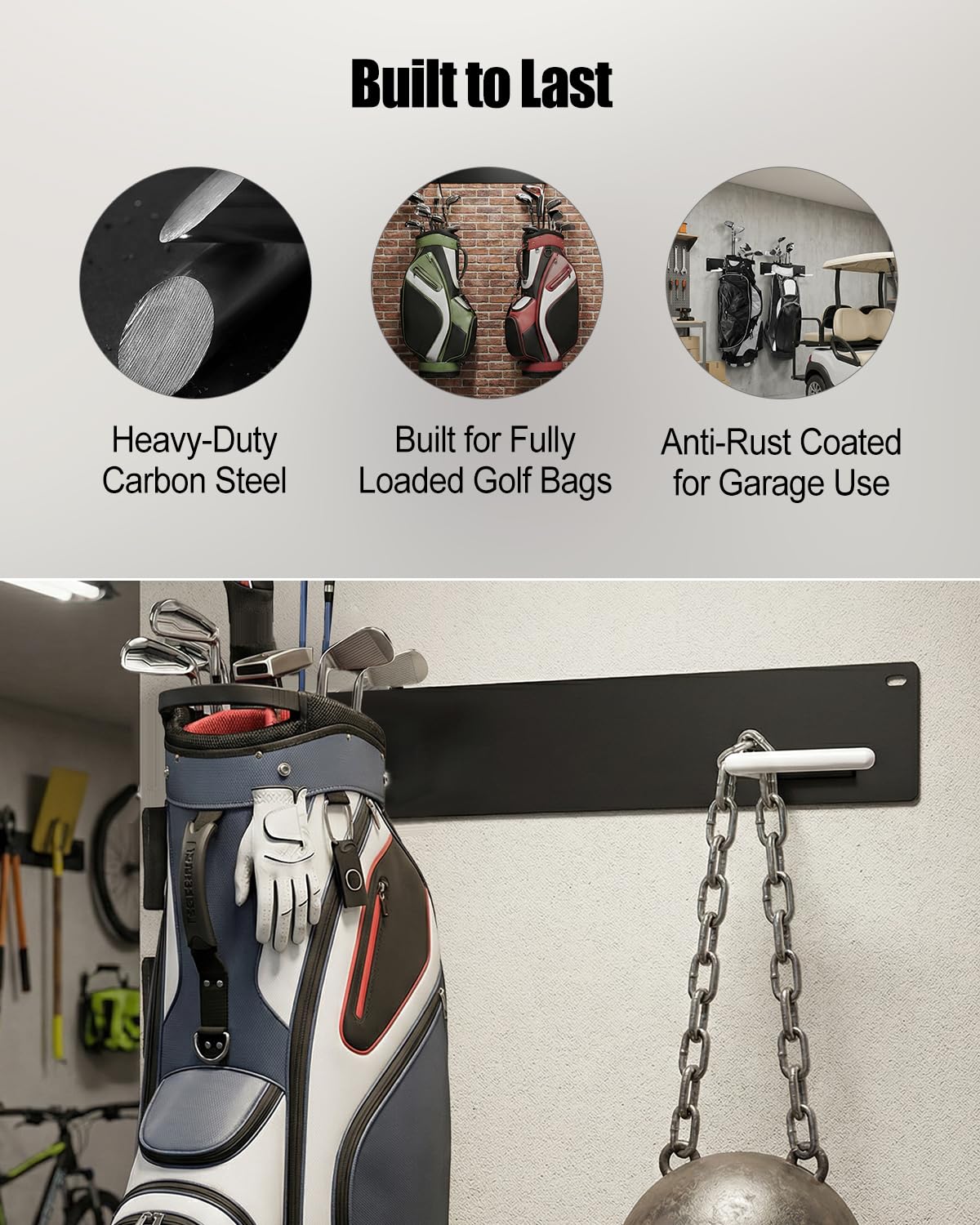 PUWJNV heavy-duty carbon steel hanger anchors securely to garage wall.