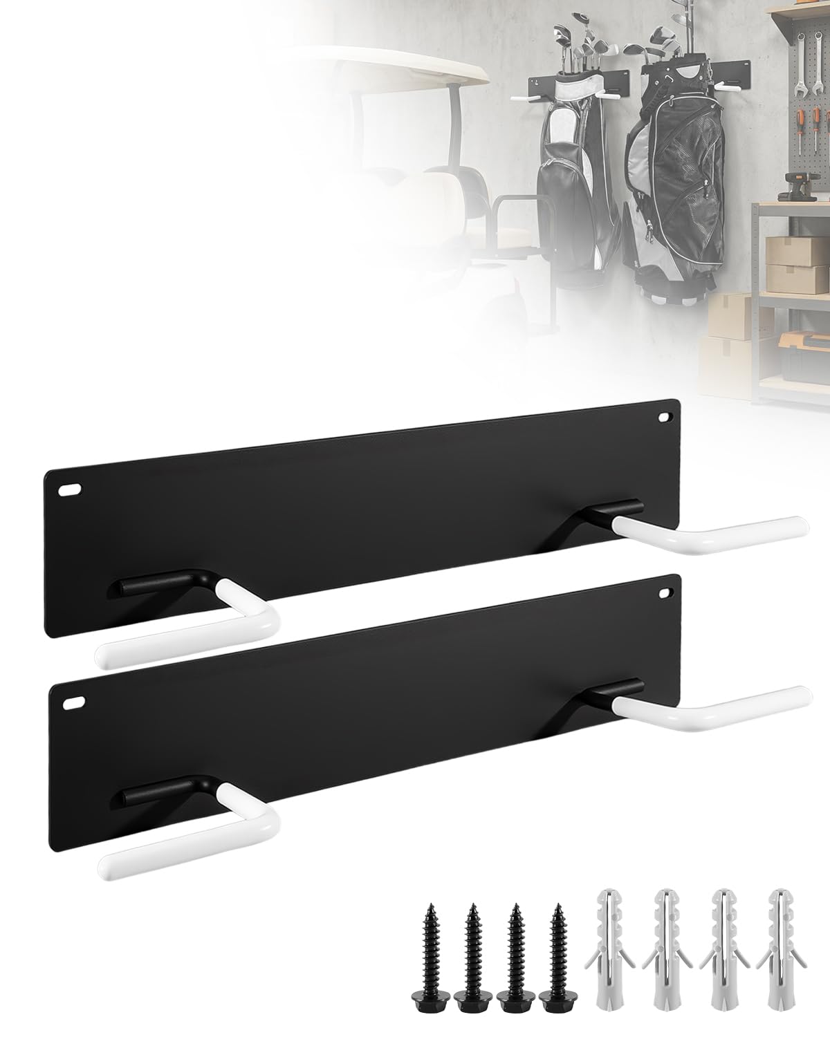 PUWJNV wall-mounted golf bag rack supports four bags in vertical layout.