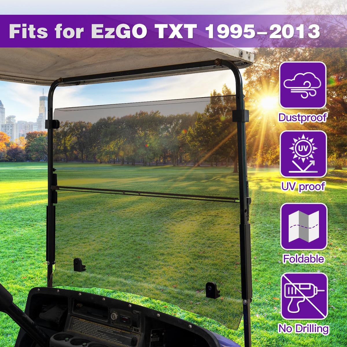 PZWLI removable half-screen windshield offers adjustable weather protection for golf carts.