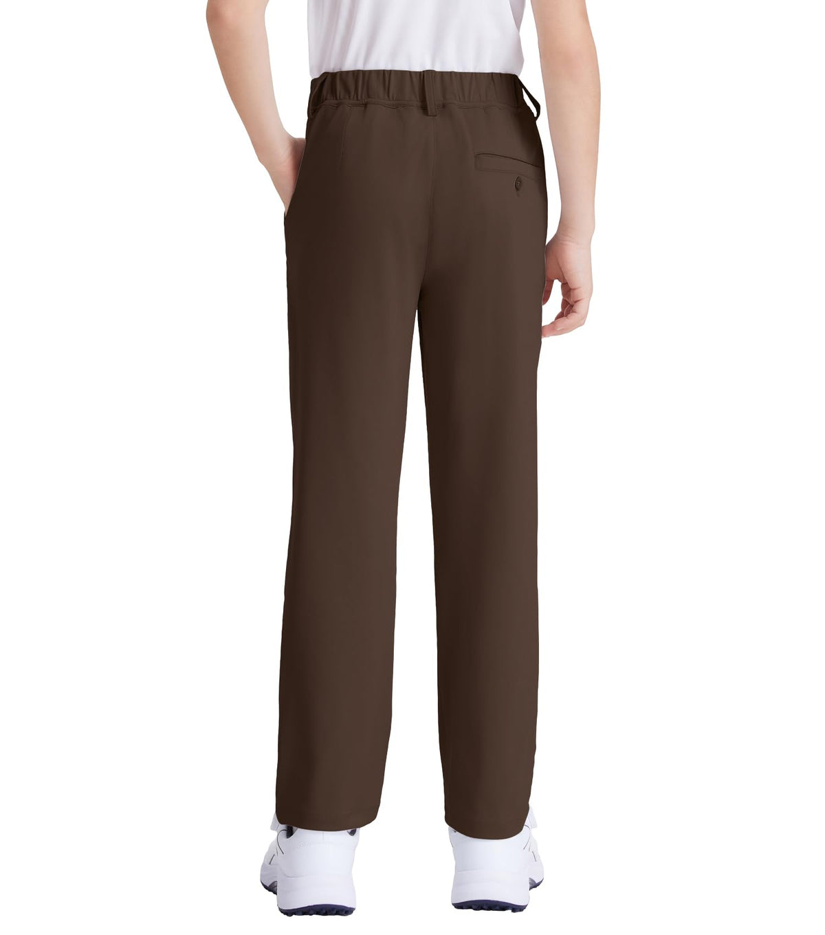 QBK Boys Golf Pants stretch brown side view with quick-dry performance.