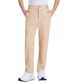 QBK Boys Golf Pants in khaki front view highlighting 4‑way stretch for unrestricted movement