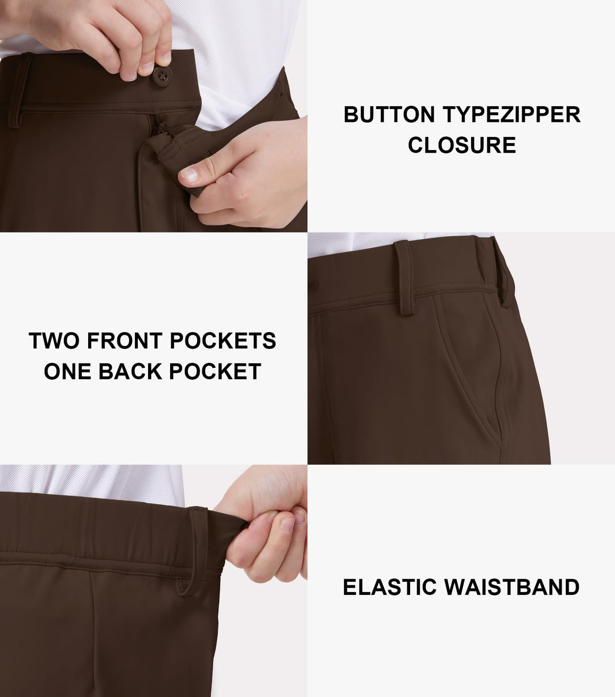 QBK boys golf pants with zip fly and button for secure, easy dressing.