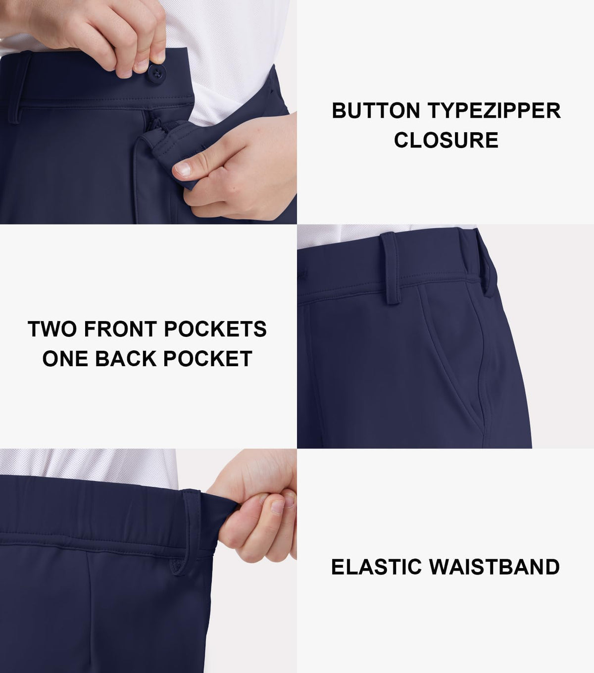 QBK Boys Golf Pants feature zip fly and button closure for easy secure dressing
