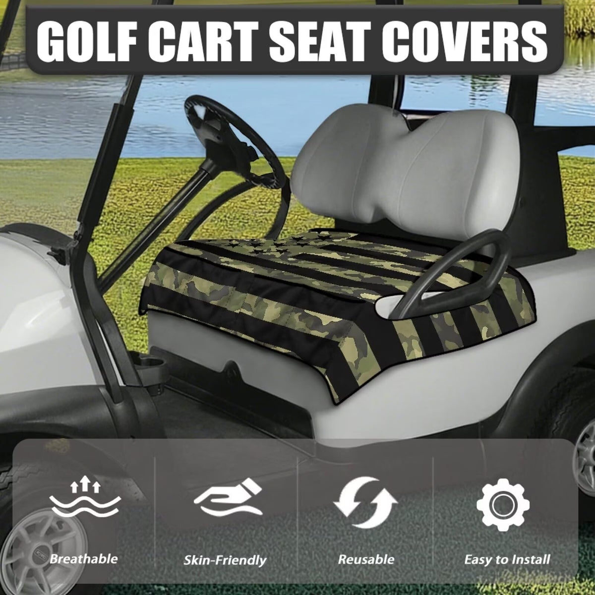 Qiyupavto seat cover in green camo with American flag design for stylish protection.