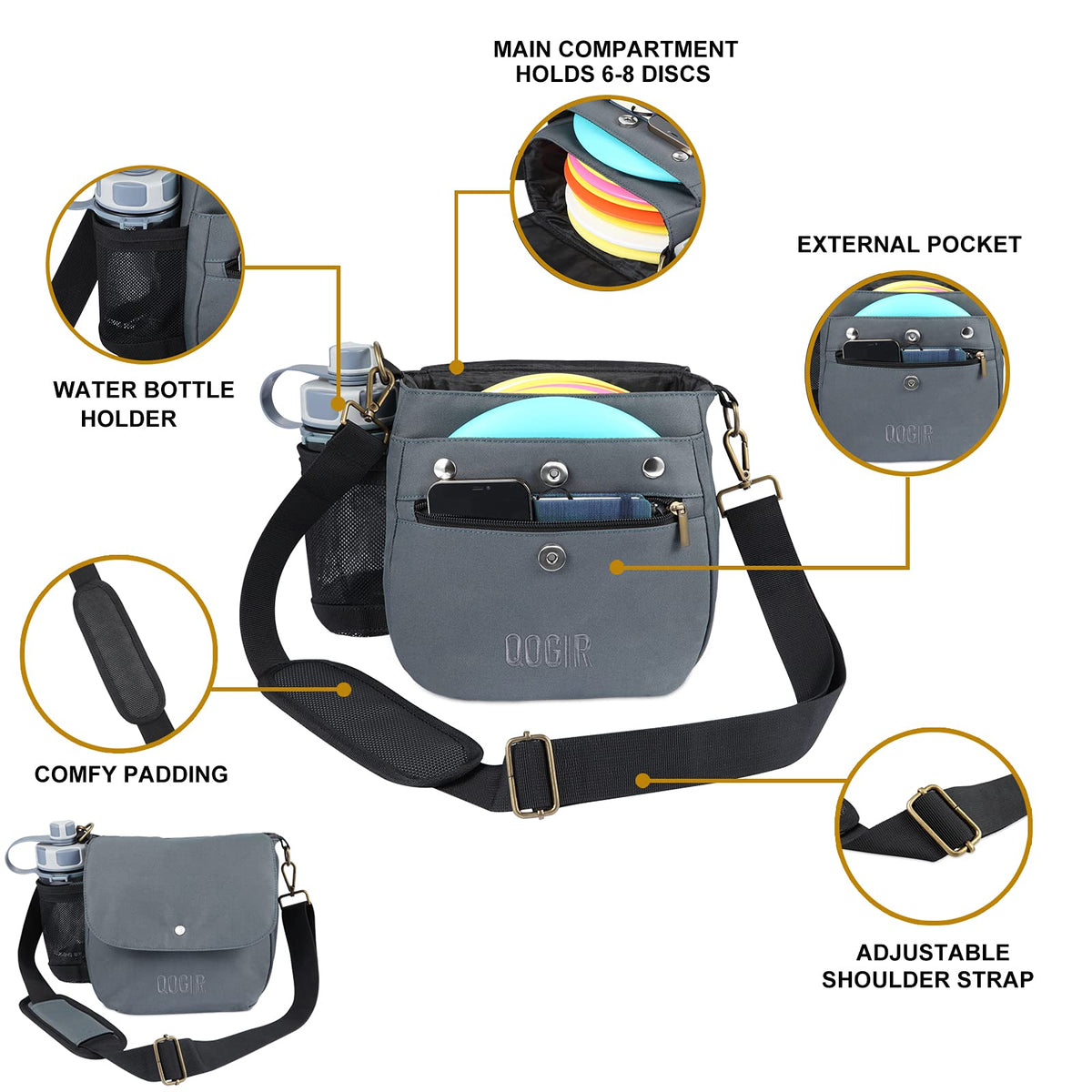 QOGIR disc golf bag side pocket shows convenient storage for small essentials.