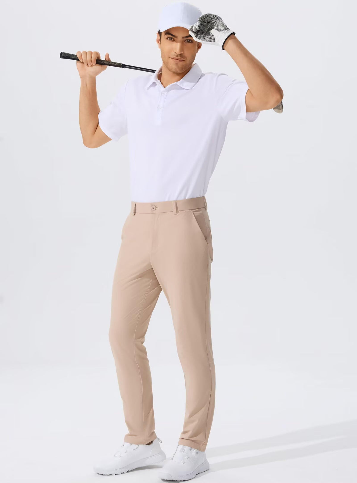 QPNGRP men's golf pants back pocket with snap for secure storage.